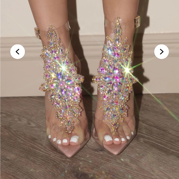 Fashion Nova Shoes - Fashion Nova Clear Heels with Gold and Multicolor Embellishments